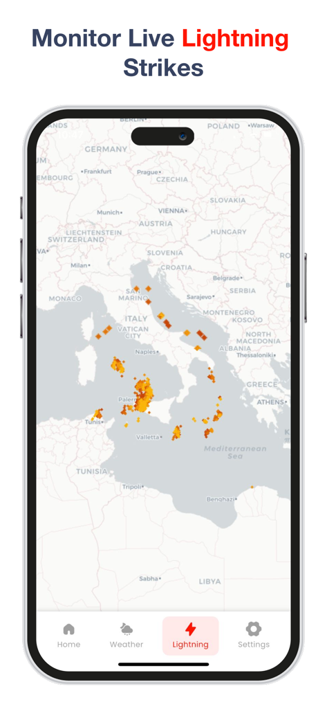 My Earthquake - alerts and map - Um smartphone exibindo um mapa de raios ao vivo para monitoramento meteorológico em tempo real