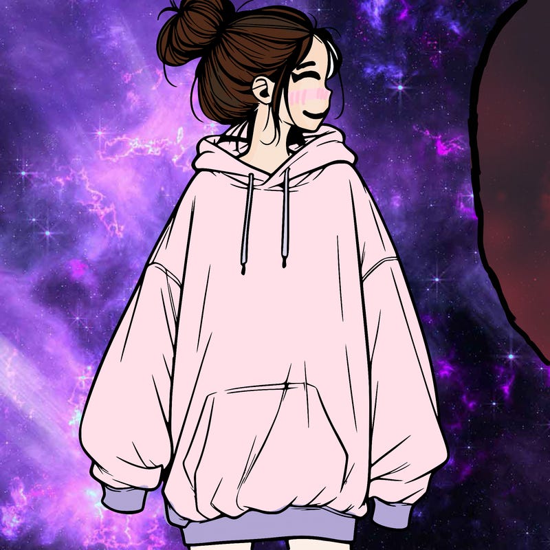 realistic girl with a oversized sweatshirt on and a bun