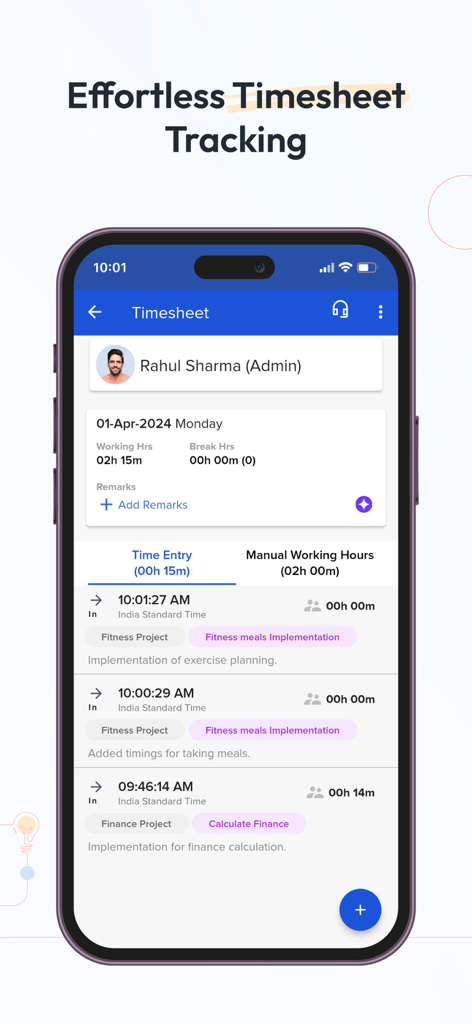 factoTime - Attendance App - factoTime mobile app interface displaying detailed employee timesheet tracking and project working hours