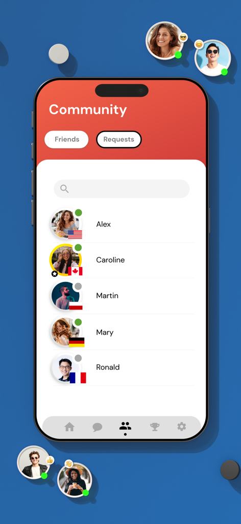 Checkers Online - Dama Game - Una pantalla de aplicación móvil que muestra una lista de amigos en la comunidad de Checkers Online con fotos de perfil y banderas de países.