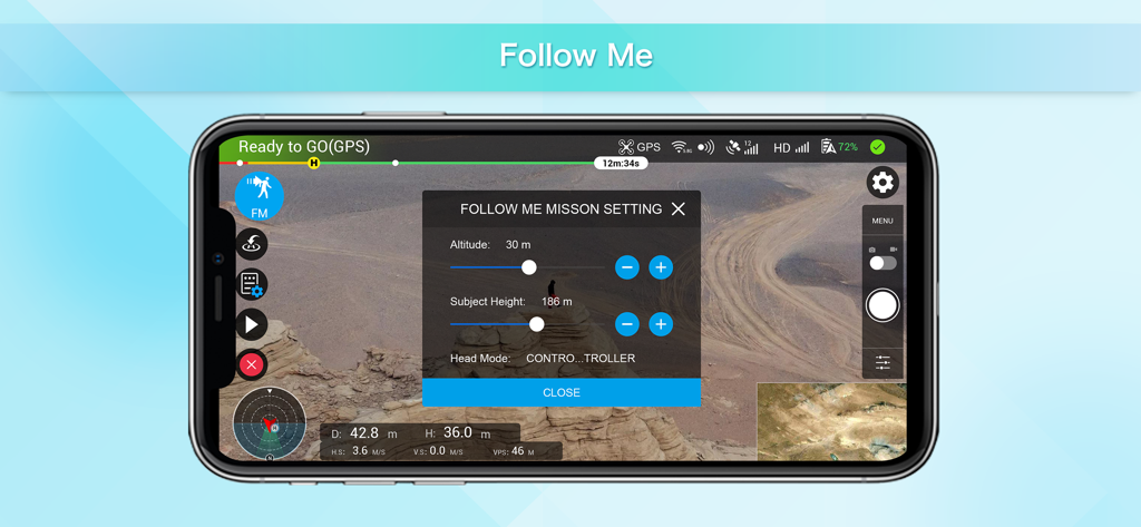 Rainbow drone app interface showing Follow Me mission settings with altitude and height controls