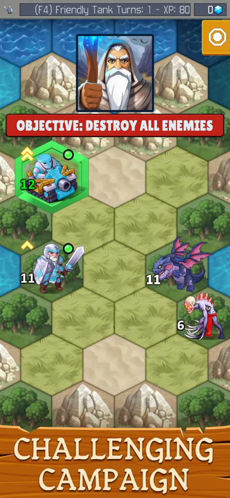 Hex Warriors - Turn-based RPG - Hex Warriors turn-based RPG gameplay showing a hex grid battlefield with fantasy units and a mission objective to destroy all enemies.