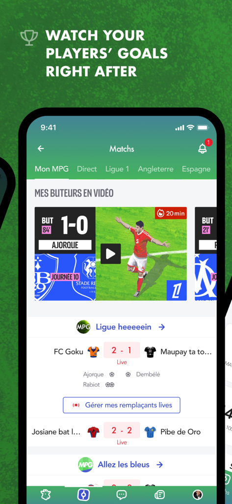 MPG Football mobile app screen showing live fantasy match scores and video highlights of goals