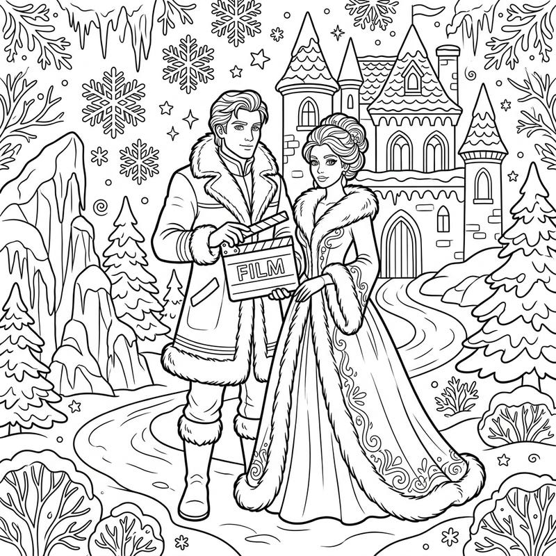 Unleash your inner artist with this captivating coloring page featuring two elegant film actors amidst a stunning winter wonderland. Bring this enchanting cinematic scene to life with your favorite colors, from their luxurious fur coats to the majestic snowy castle.