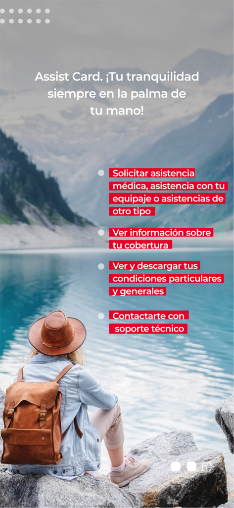 Assist Card app screen showing travel assistance services over a scenic mountain landscape.