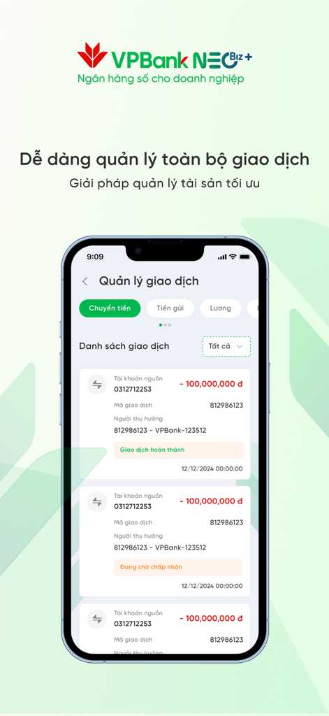 VPBank NEOBiz Plus - VPBank NEOBiz Plus mobile app interface showing business transaction history and asset management features