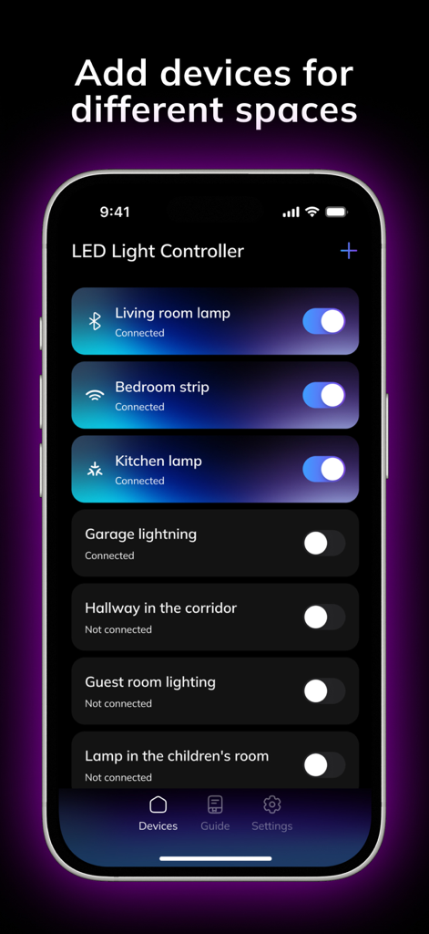 LED Light: Controller Remote - A mobile app interface showing a list of connected LED lights for different rooms with toggle switches.