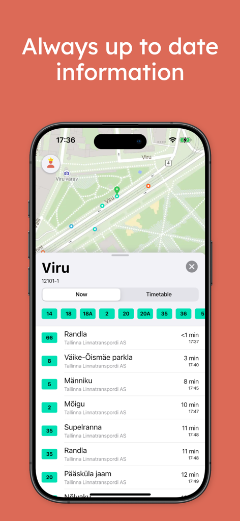 Vedu - Tallinn Transport - Tela do aplicativo móvel mostrando partidas de ônibus em tempo real e um mapa de transporte para Tallinn, Estônia