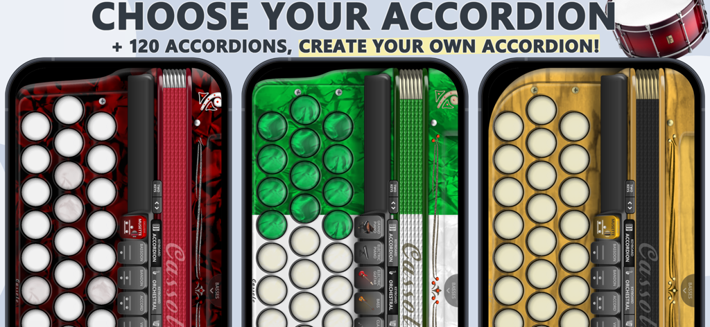Accordion Diatonic Cassoto - A selection of customizable diatonic accordion designs in red green and wood colors