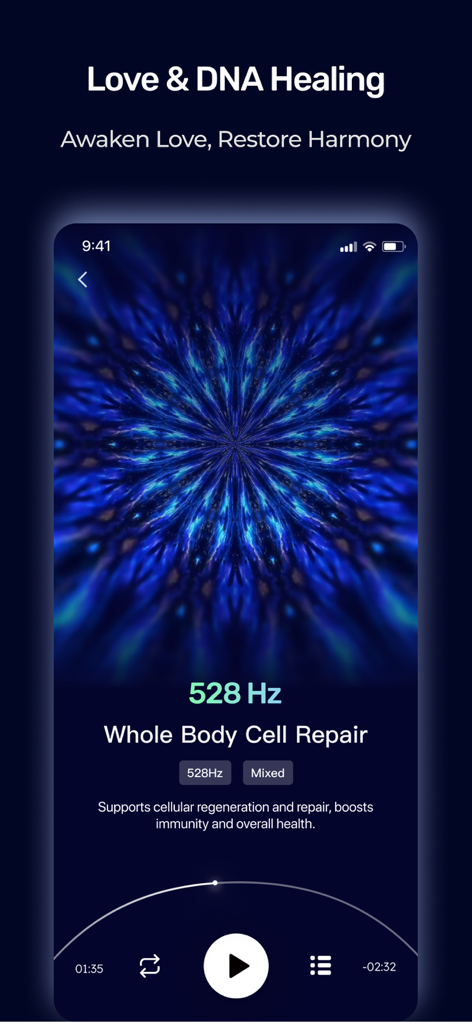 Frequency: Healing Sounds - Interface of Frequency app showing the 528Hz Love and DNA healing track for cell repair