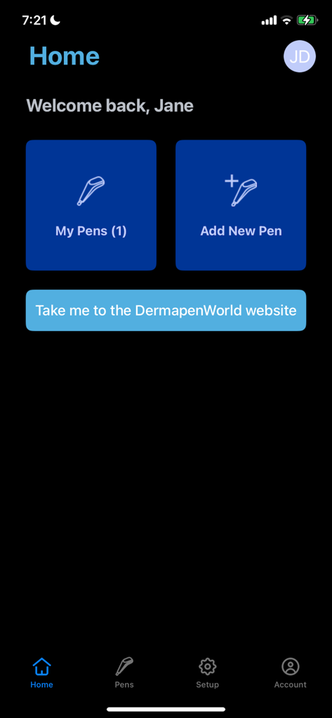 Home screen of the Dermapenworld app showing options to manage and add professional microneedling pens