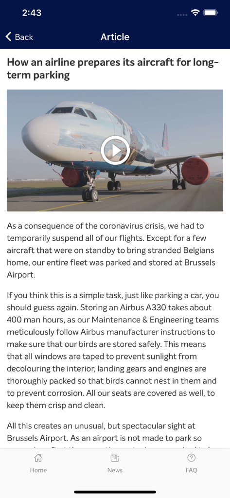 Sherlock by Brussels Airlines - A news article in the Sherlock app titled How an airline prepares its aircraft for long-term parking.