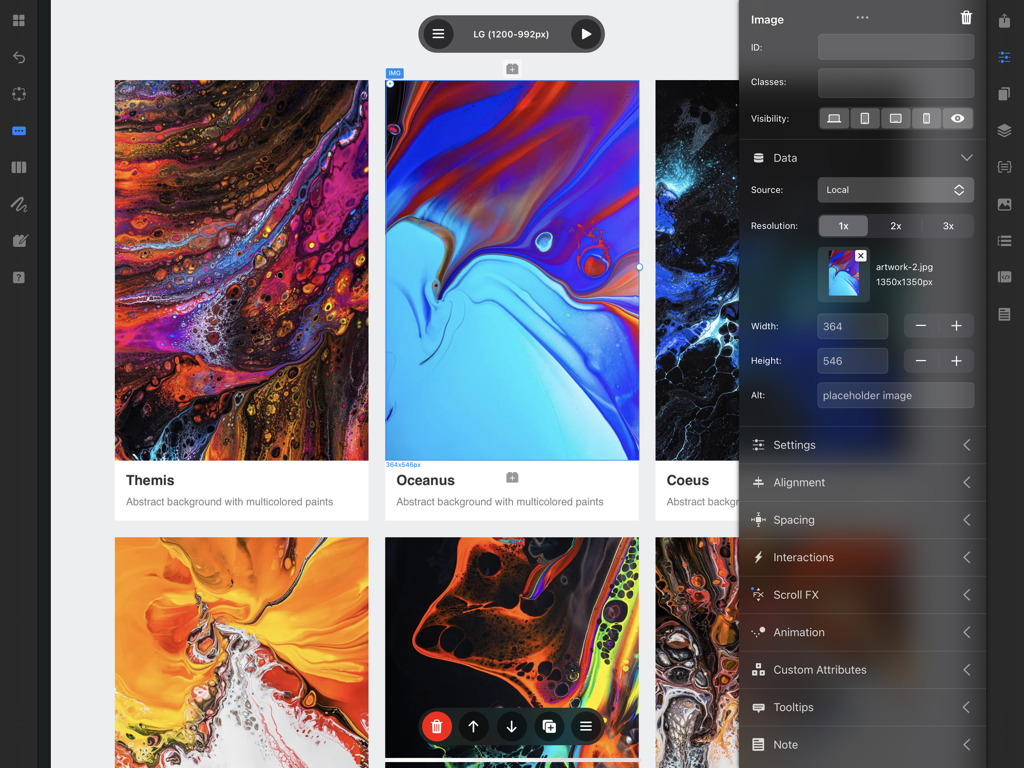 Interfaz del creador de sitios web Blocs para iPad mostrando ajustes de imagen y un diseño de galería de arte abstracto.