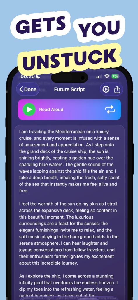 引き寄せの法則ツールボックスモバイルアプリの未来スクリプト機能。引き寄せの日記エントリが表示されています。