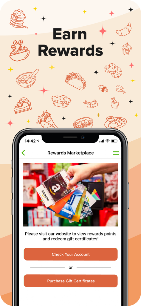 We Deliver! - We Deliver App-Oberfläche für den Prämien-Marktplatz mit Gutscheinoptionen und Schaltflächen zur Kontoverwaltung.