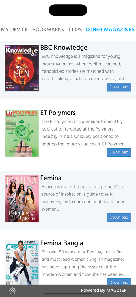 The Machinist - A list of other magazines available within The Machinist app including BBC Knowledge, ET Polymers, and Femina.