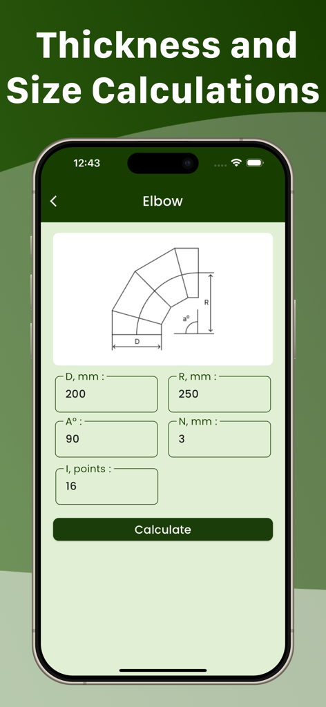 Bildschirm der Blech-Rechner-App, der Abmessungen und ein technisches Diagramm zur Berechnung von Ellbogenrohrsegmenten anzeigt.
