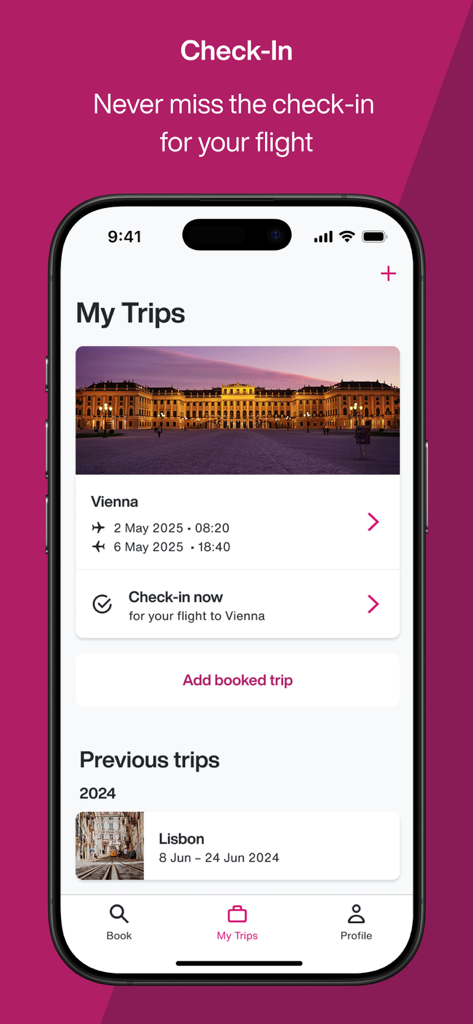 Interface de l'application mobile Eurowings affichant les itinéraires de vol et les options d'enregistrement