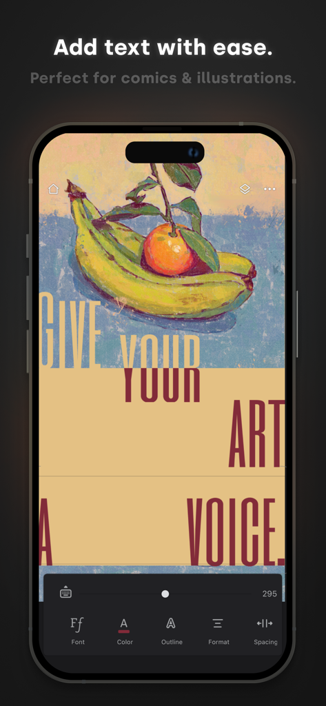 Infinite Painter mobile interface showing the text editing feature over a digital painting of fruit