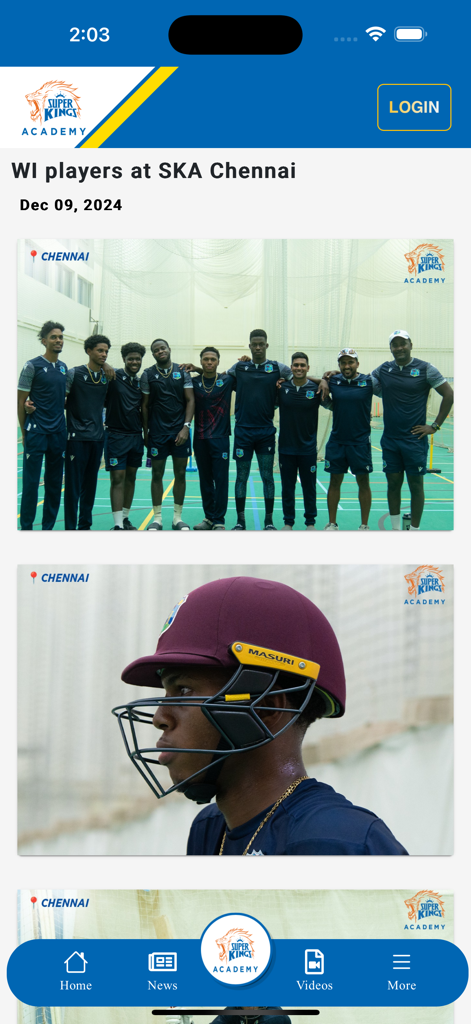 Super Kings Academy - Fuente de noticias de la aplicación móvil Super Kings Academy con fotos de entrenamiento de jugadores de cricket y últimas actualizaciones.