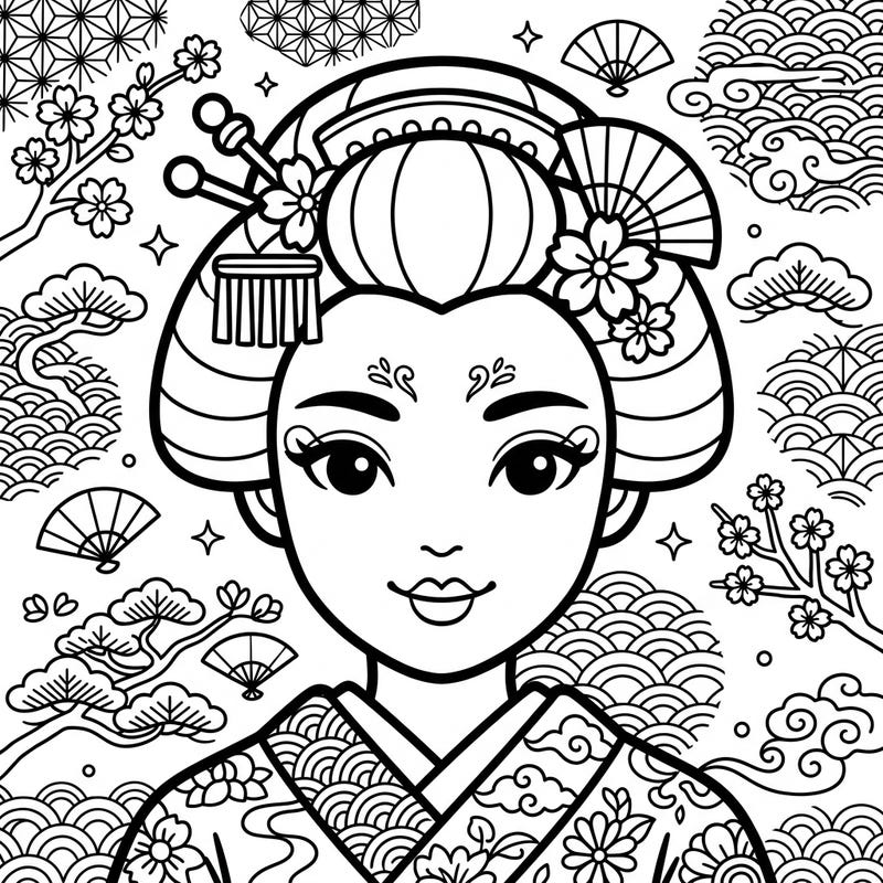 Immerse yourself in Japanese culture with this delightful Kawaii Geisha makeup coloring page. Adorned with traditional patterns and a sweet expression, it's a joy to color for any fan of cute art.