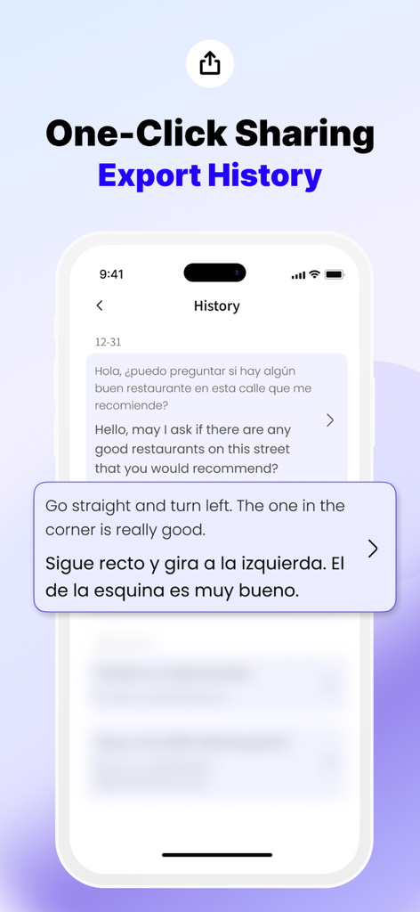 Screenshot of Felo Translator app highlighting the one-click sharing and export history features.