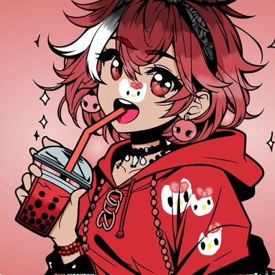 hot baddie anime girl drinking boba and biting the straw
