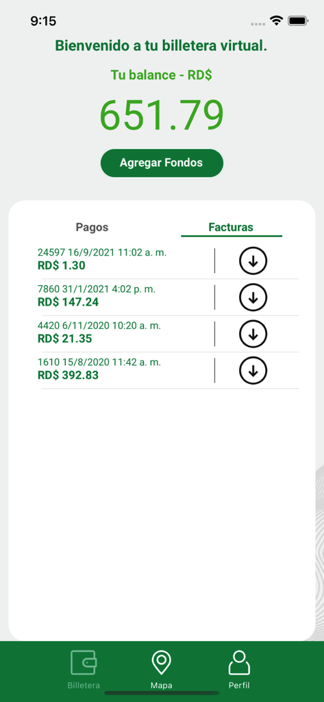 Evergo app interface showing virtual wallet balance and charging invoice history