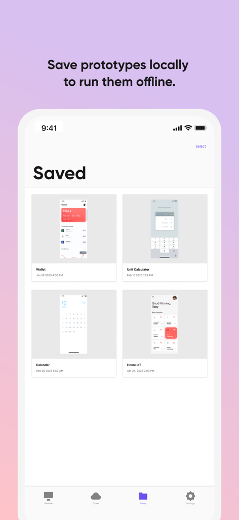 Interface do ProtoPie Player mostrando uma lista de protótipos móveis salvos para visualização offline