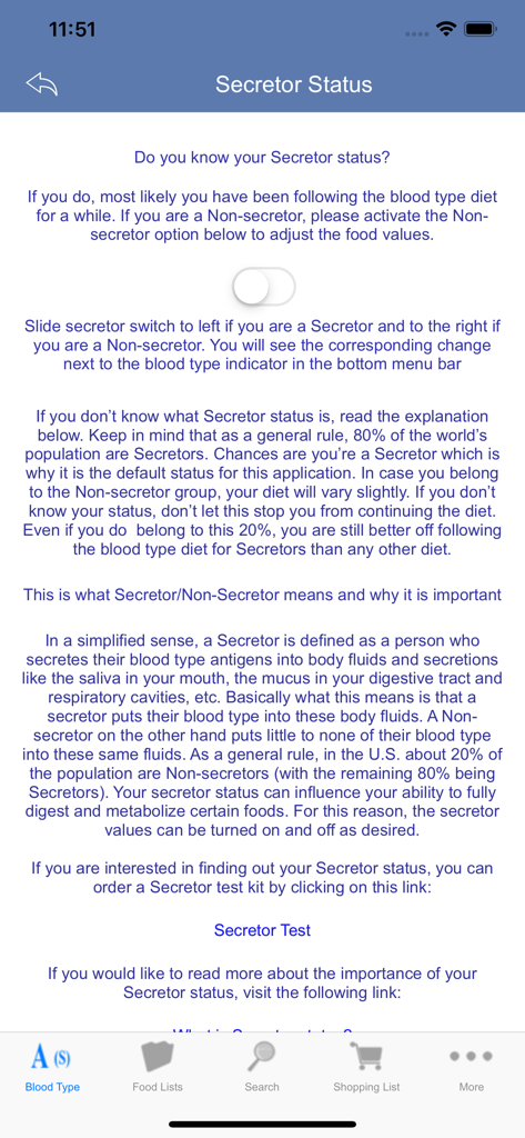 Blood Type Diet® - Schermata dell'app Blood Type Diet per le impostazioni e le informazioni sullo stato secretore