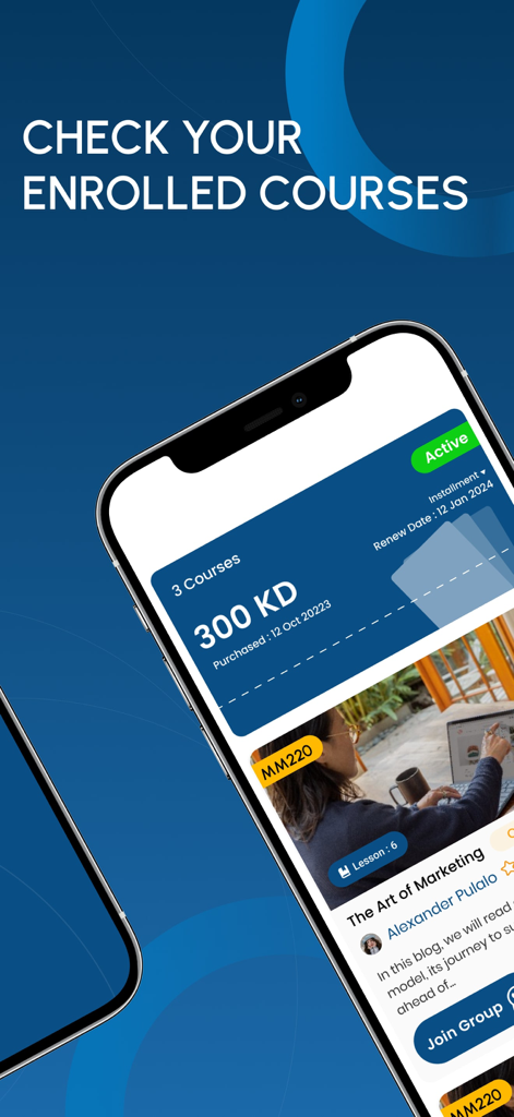 Screenshot of the Bright app showing the enrolled courses screen and details for a marketing course
