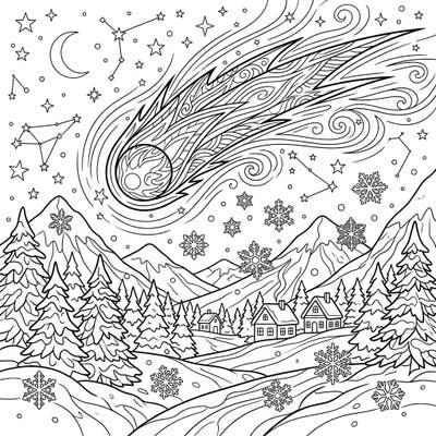 Embark on a cosmic journey through a serene winter landscape with this captivating coloring page. Featuring a majestic comet streaking across a starlit night sky, it offers a unique blend of astronomical wonder and cozy seasonal charm.