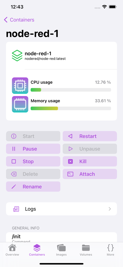 Container Manager - Container Manager App-Oberfläche mit Ressourcennutzung und Verwaltungssteuerelementen für einen node-red Docker-Container.