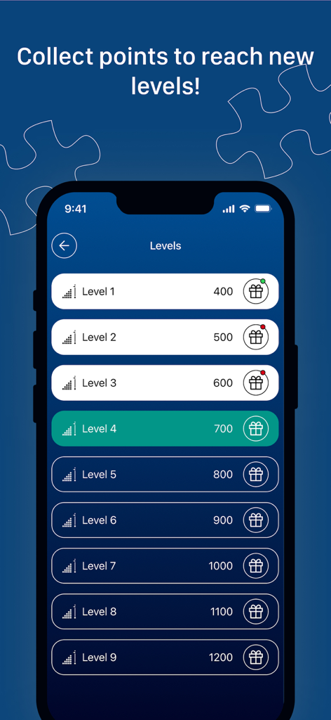 Brainzy - Brainzy app interface displaying levels and points needed for real life gifts