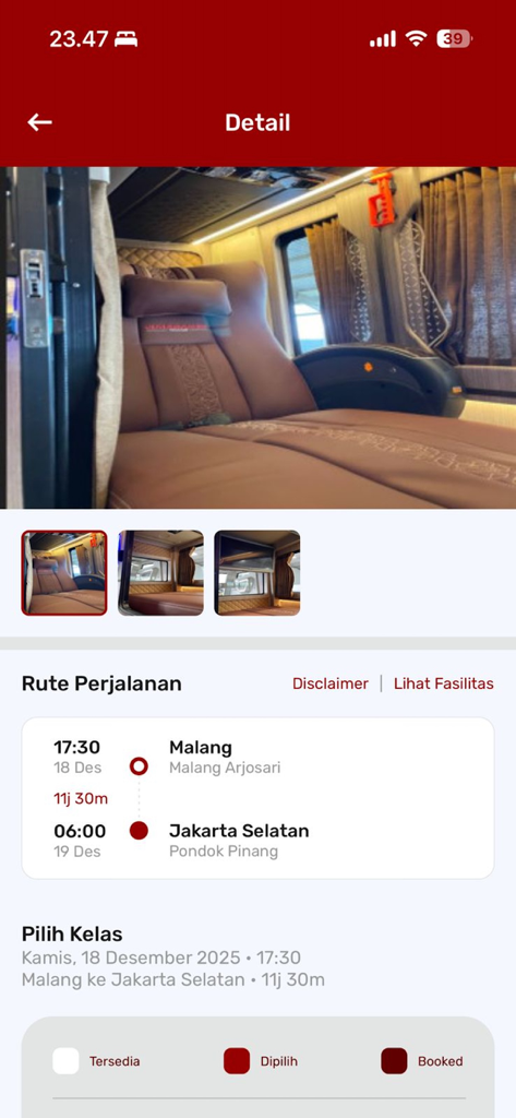 Juragan 99 Trans - Juragan 99 Trans app screen showing a luxury sleeper bus seat and travel route details from Malang to Jakarta.