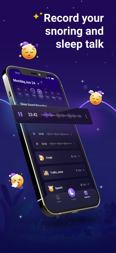 Sleep Wellアプリのいびき録音および睡眠トーク録音インターフェース。波形が表示されています。