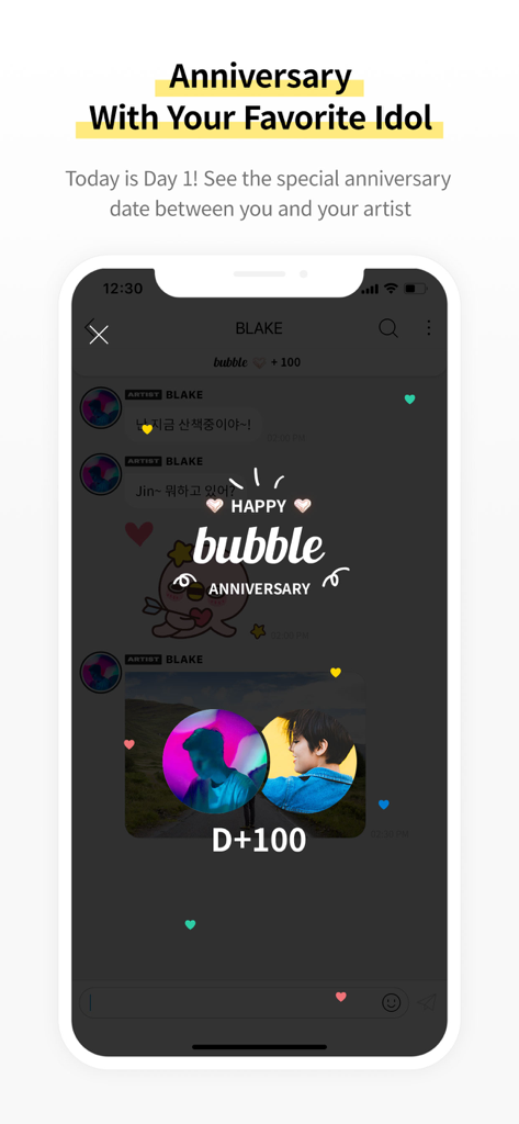 bubble for LLOUD - A screenshot of the bubble for LLOUD app highlighting the anniversary feature with a 100 day milestone celebration.