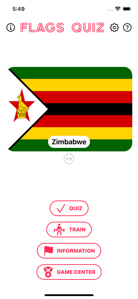 Flags & Countries Quiz! - Main menu of the Flags and Countries Quiz app featuring the Zimbabwe flag and navigation buttons for Quiz and Training