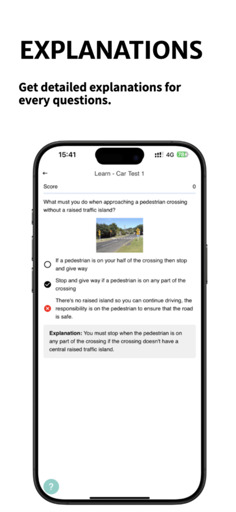 NZ Driving Theory Test PRO - Interface da aplicação NZ Driving Theory Test PRO mostrando uma questão prática e uma explicação detalhada das regras de trânsito