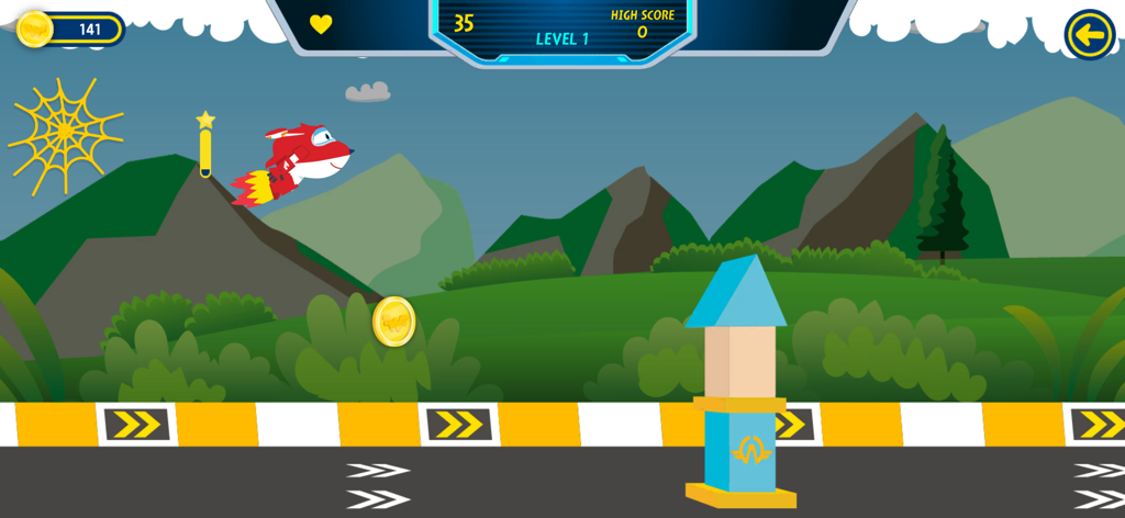 Jett, el avión rojo, volando a través de un paisaje verde en el juego Super Wings Mission Challenge