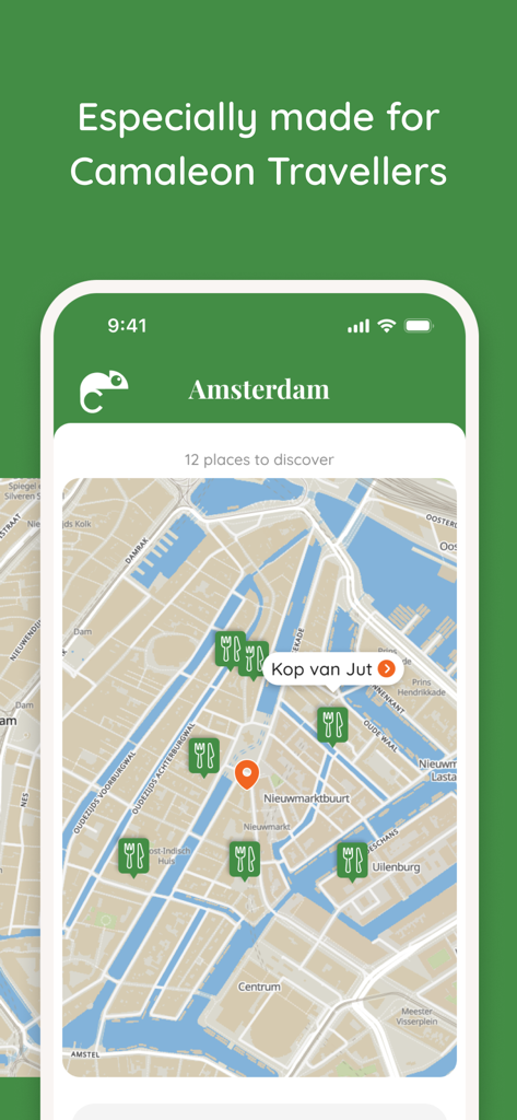 Camaleon App - Map view of Amsterdam in the Camaleon App showing curated restaurant locations