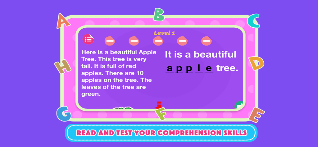English Comprehension For Kids - English reading comprehension app interface showing a short story about an apple tree and a fill in the blank question for kids