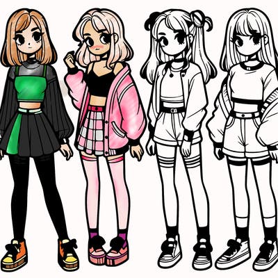 one girl with crop-top shirt and a jacket with a skirt, long socks and another girl with a shirt and pants with a jacket