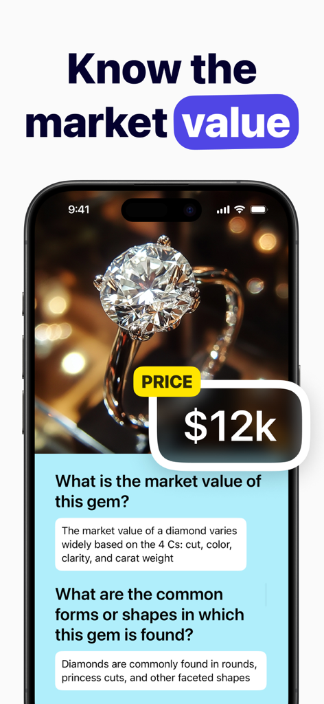Gemstone Identifier - Gem - Mobile app interface showing market value and details for a diamond ring
