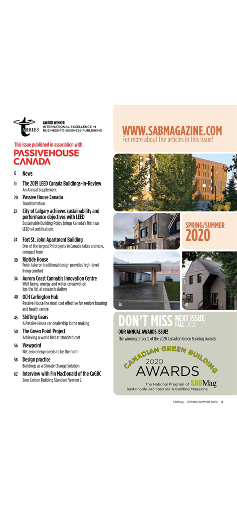 Sustainable Architecture. - Table of contents from SABMag highlighting green building projects and Canadian Green Building Awards