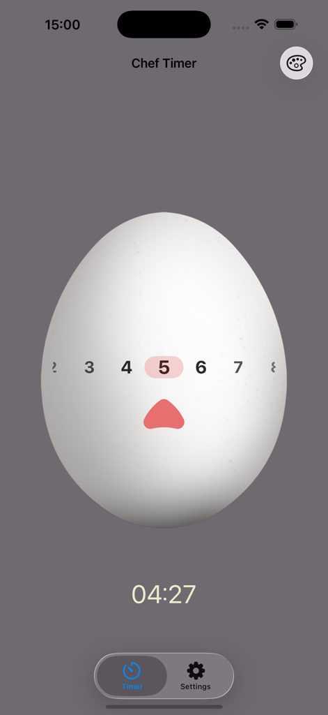 Una interfaz de temporizador de cocina digital en forma de huevo que muestra una cuenta regresiva en la aplicación Chef Timer