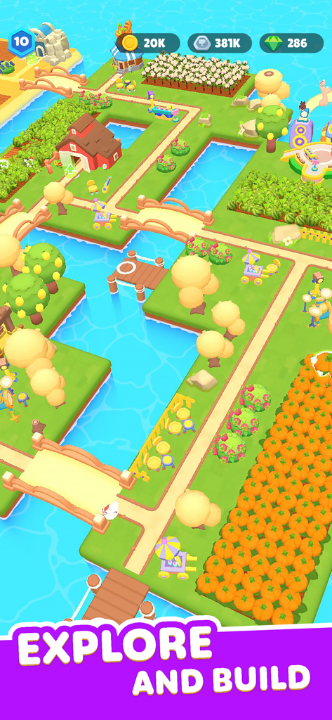 A colorful top-down view of a virtual island farm with crops, fruit trees, and water.