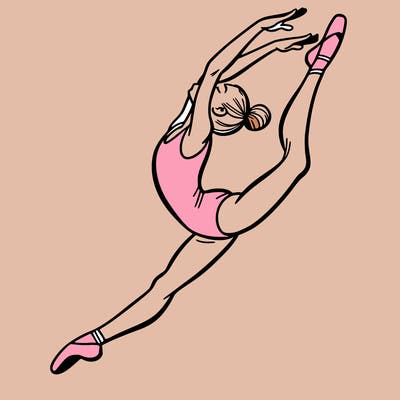 gymnast doing a leap in a leotard with a bent back leg