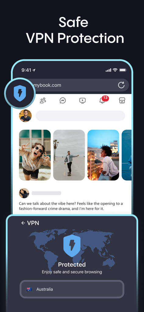 세계 지도와 위치 선택기가 있는 보호된 VPN 연결을 보여주는 Aloha 브라우저 앱 인터페이스