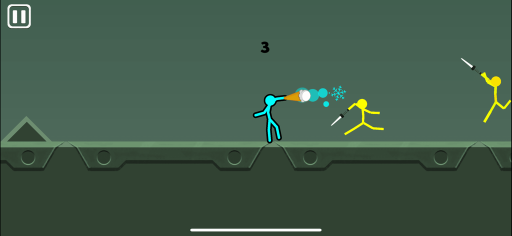 Supreme Duelist 2022 - Blue stickman using an ice attack against yellow enemies in a physics-based battle